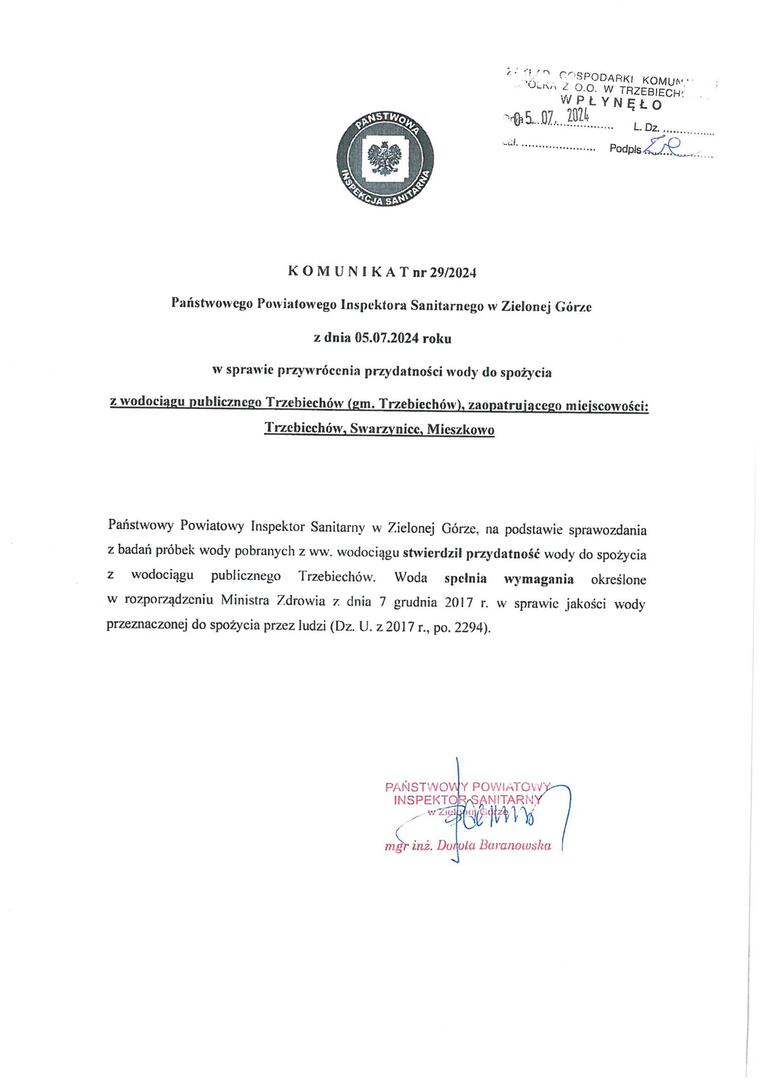 Komunikat w sprawie przywrócenia przydatności wody do spożycia z wodociągu publicznego Trzebiechów