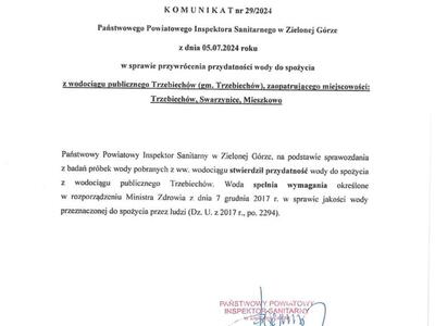 Komunikat w sprawie przywrócenia przydatności wody do spożycia z wodociągu publicznego Trzebiechów