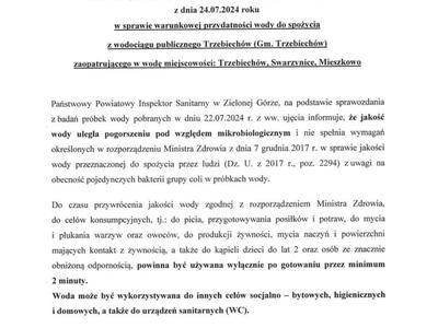 Komunikat w sprawie warunkowej przydatności wody do spożycia