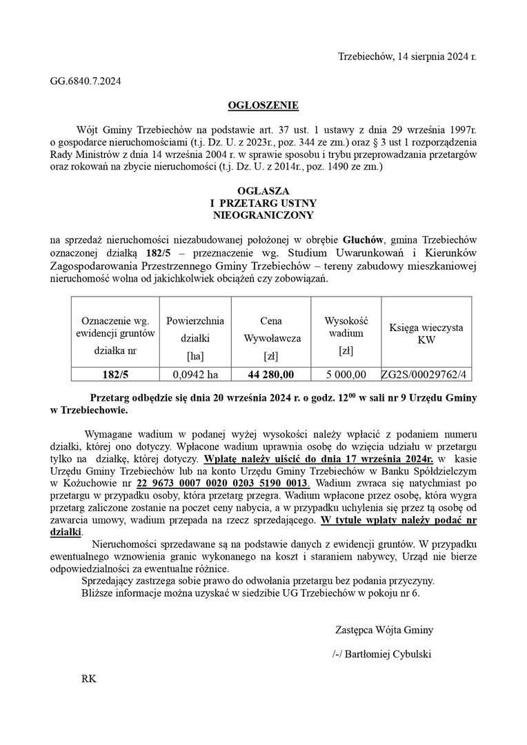 Wójt Gminy Trzebiechów ogłasza I przetarg ustny nieograniczony