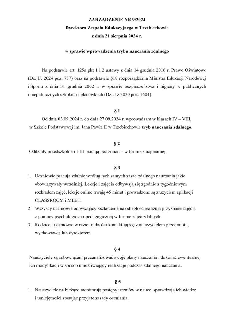 Pełna treść zarządzenia nr 9/2024 Dyrektora Zespołu Edukacyjnego w Trzebiechowie z dnia 21 sierpnia 2024 r. - str1