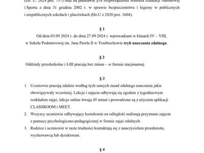 Pełna treść zarządzenia nr 9/2024 Dyrektora Zespołu Edukacyjnego w Trzebiechowie z dnia 21 sierpnia 2024 r. - str1