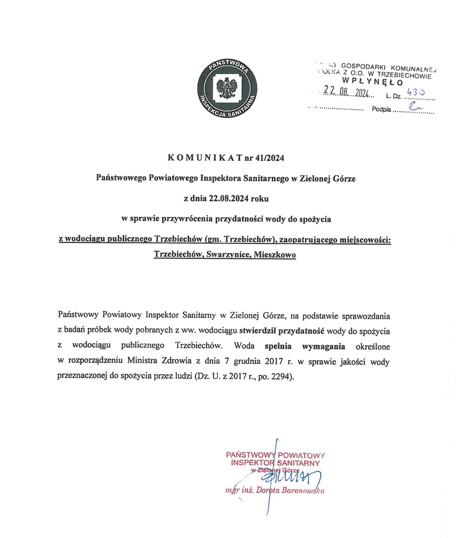 Komunikat w sprawie przywrócenia przydatności wody do spożycia z wodociągu publicznego Trzebiechów