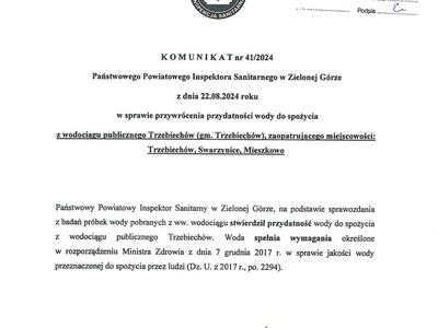 Komunikat w sprawie przywrócenia przydatności wody do spożycia z wodociągu publicznego Trzebiechów