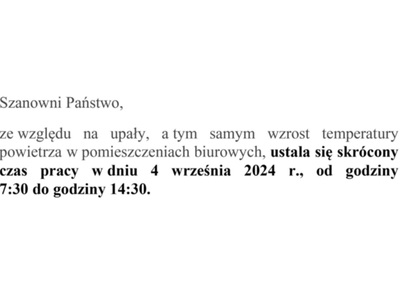 Skrócony czas pracy urzędu gminy w dniu 4 sierpnia 2024 r.,...