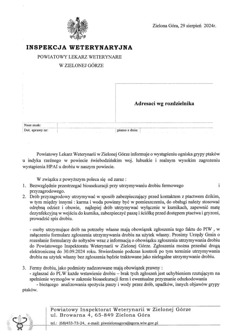 
Ognisko ptasiej grypy w Powiecie Świebodzińskim
