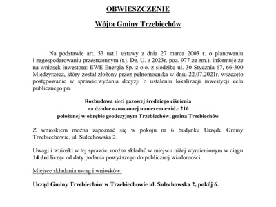 OBWIESZCZENIE Wójta Gminy Trzebiechów z dnia 13 września 2024r.