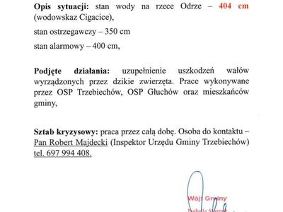 Informacja o sytuacji powodziowej na terenie Gminy Trzebiechów - stan na dzień 20.09.2024