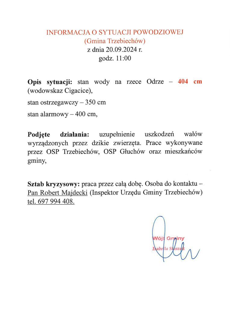 Informacja o sytuacji powodziowej na terenie Gminy Trzebiechów - stan na dzień 20.09.2024