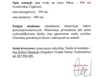 Informacja o sytuacji powodziowej na terenie Gminy Trzebiechów - stan na dzień 23.09.2024