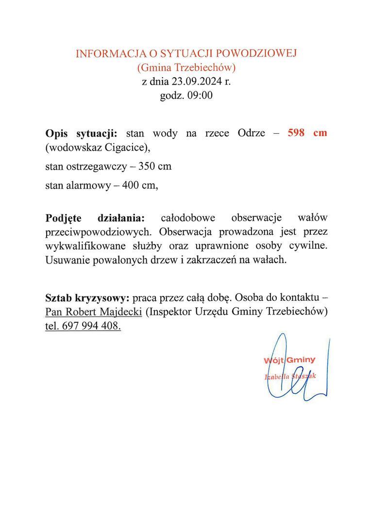 Informacja o sytuacji powodziowej na terenie Gminy Trzebiechów - stan na dzień 23.09.2024