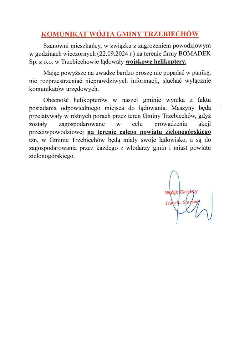 Komunikat Wójta Gminy Trzebiechów do mieszkańców