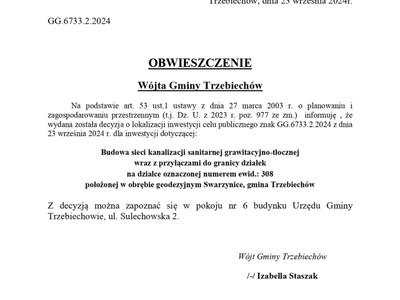 OBWIESZCZENIE Wójta Gminy Trzebiechów z dnia 23 września 2024r.