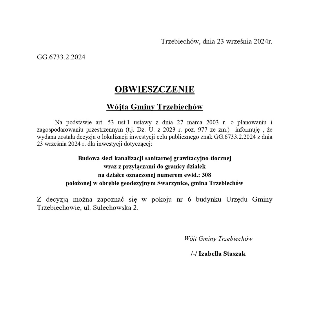 OBWIESZCZENIE Wójta Gminy Trzebiechów z dnia 23 września 2024r. 