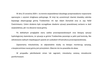 Komunikat dotyczący rozpoznania sytuacji powodziowej w gminie Trzebiechów