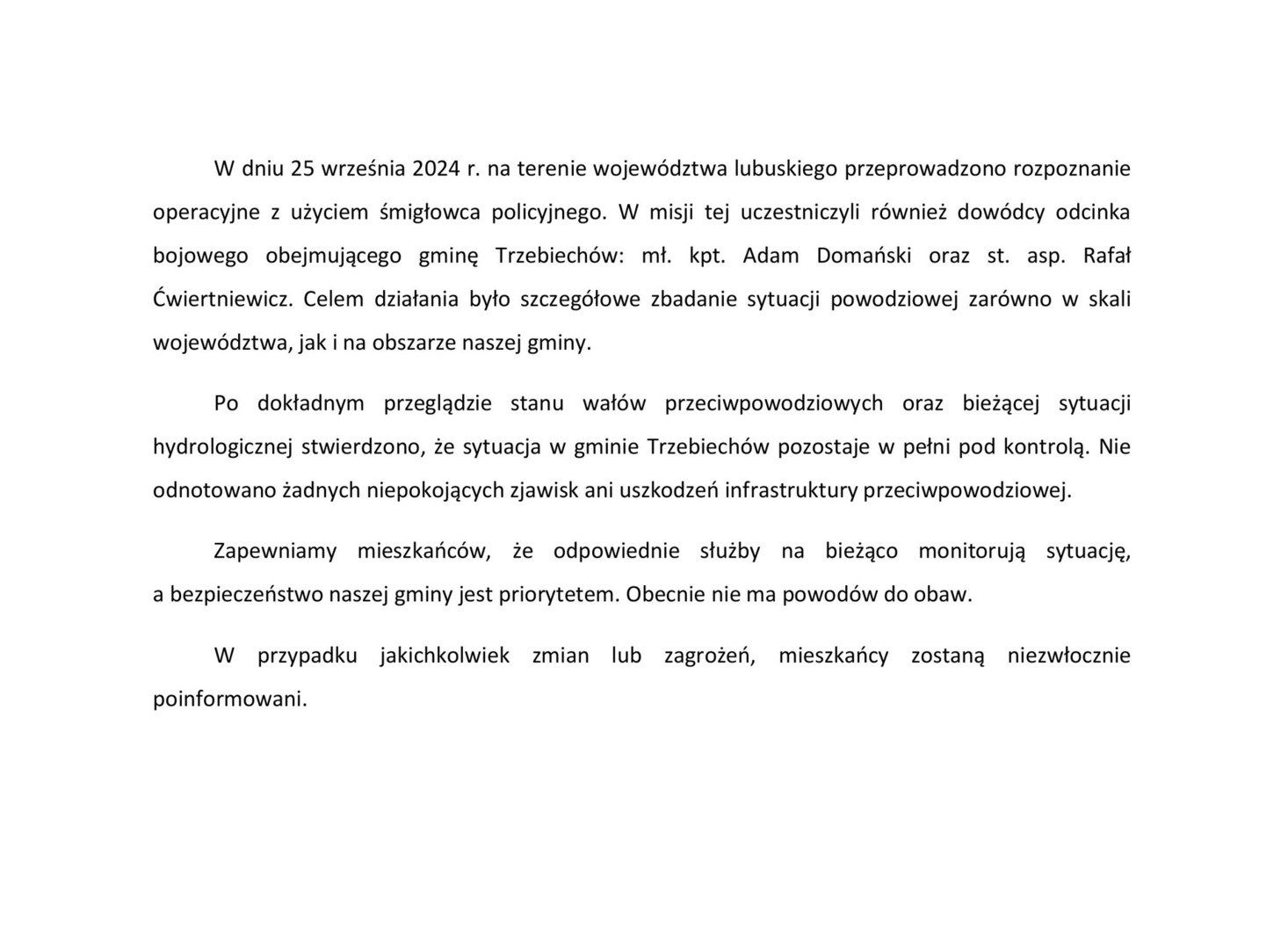 Komunikat dotyczący rozpoznania sytuacji powodziowej w gminie Trzebiechów