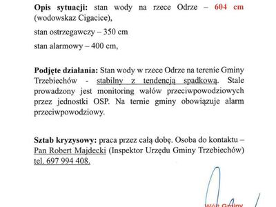 Informacja o sytuacji powodziowej na terenie Gminy Trzebiechów - stan na dzień 26.09.2024