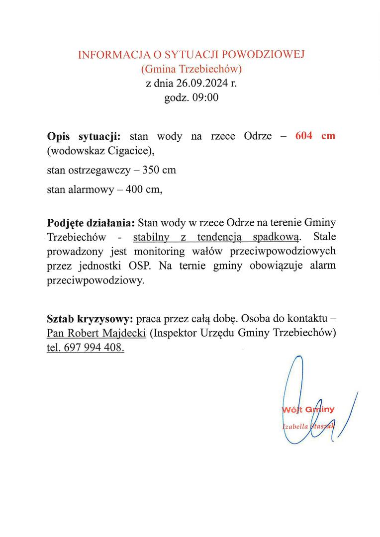 Informacja o sytuacji powodziowej na terenie Gminy Trzebiechów - stan na dzień 26.09.2024