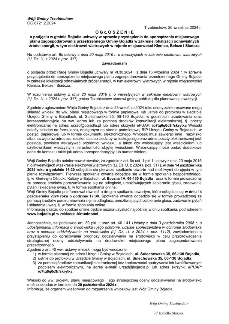 Ogłoszenie o podjęciu w gminie Bojadła uchwały w sprawie przystąpienia do sporządzenia miejscowego planu zagospodarowania przestrzennego Gminy Bojadła