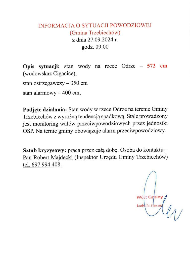 Informacja o sytuacji powodziowej na terenie Gminy Trzebiechów - stan na dzień 27.09.2024
