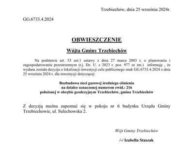 OBWIESZCZENIE Wójta Gminy Trzebiechów z dnia 25 września 2024r.
