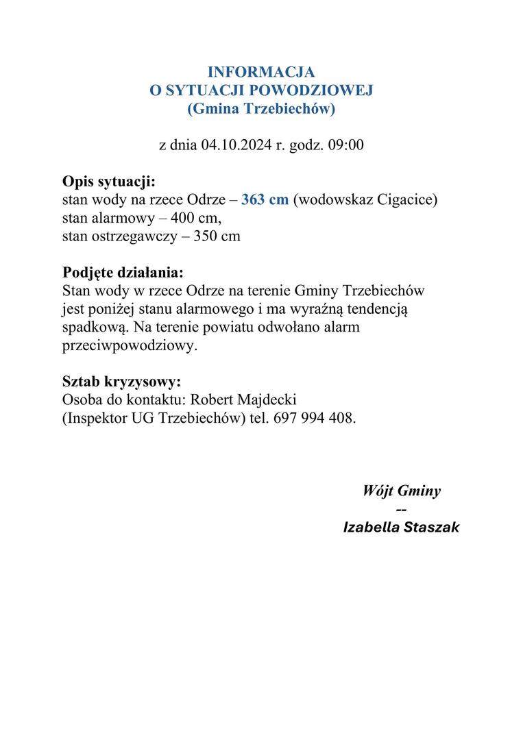 Informacja o sytuacji powodziowej na terenie Gminy Trzebiechów - stan na dzień 04.10.2024