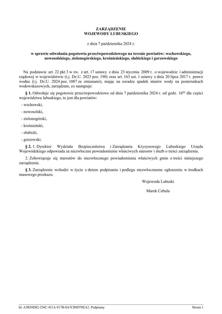 ZARZĄDZENIE WOJEWODY LUBUSKIEGO z dnia 7 października 2024 r. w sprawie odwołania pogotowia przeciwpowodziowego