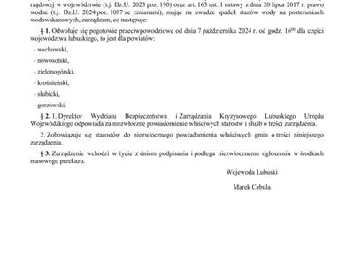 ZARZĄDZENIE WOJEWODY LUBUSKIEGO z dnia 7 października 2024 r. w sprawie odwołania pogotowia przeciwpowodziowego