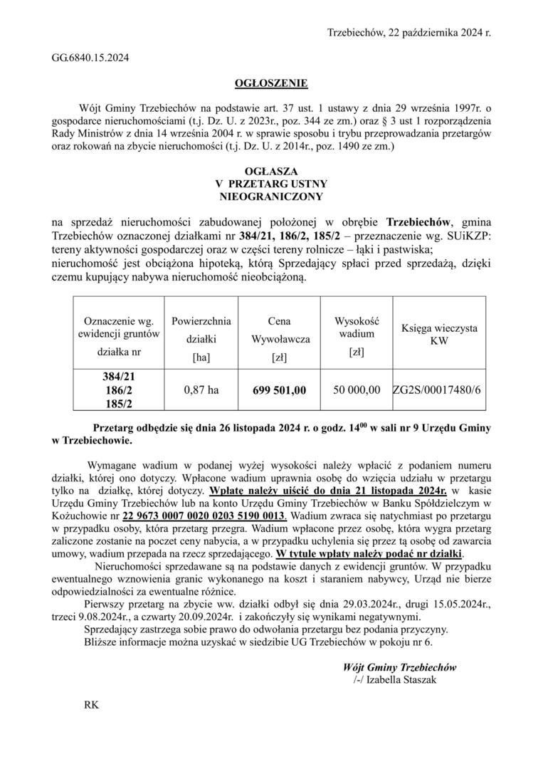  OBWIESZCZENIE Wójta Gminy Trzebiechów z dnia 22 października 2024r. 