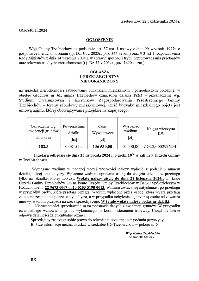 Wójt Gminy Trzebiechów ogłasza I przetarg ustny nieograniczony