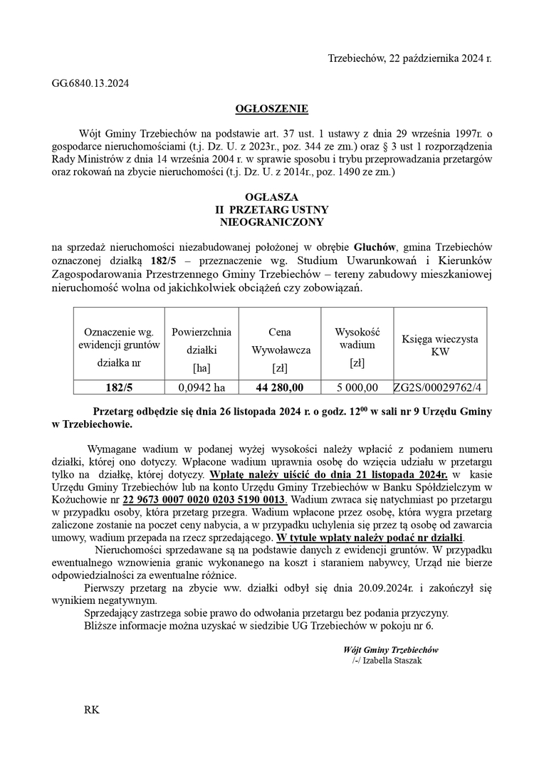 Wójt Gminy Trzebiechów ogłasza II przetarg ustny nieograniczony
