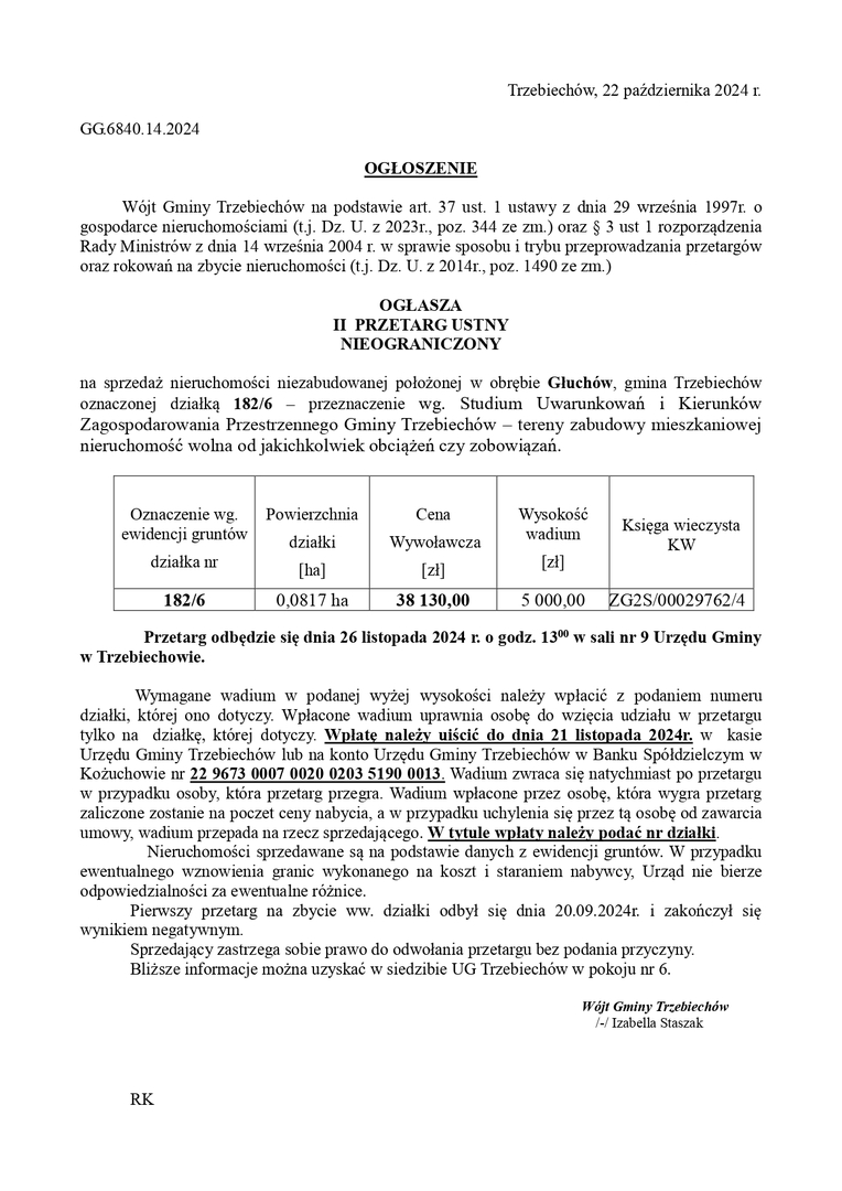 Wójt Gminy Trzebiechów ogłasza II przetarg ustny nieograniczony