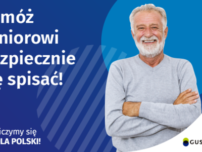 Plakat pomóż seniorowi spisać się bezpiecznie