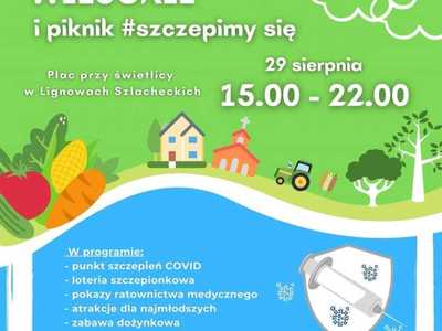 Plakat dot. festynu w Lignowach #Szczepimy się w Gminie Pelplin