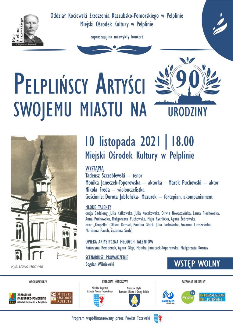plakat koncert „Pelplińscy artyści swojemu miastu na 90. urodziny”