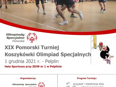 plakat wydarzenia XIX Pomorski Turniej Koszykówki Olimpiad Specjalnych w Pelplinie 