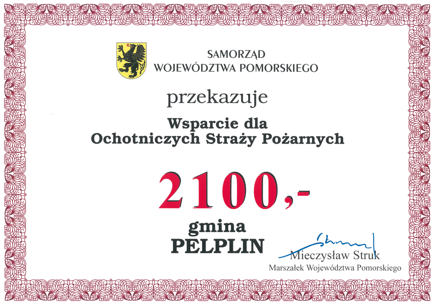 czek od marszałka woj. pomorskiego dla osp