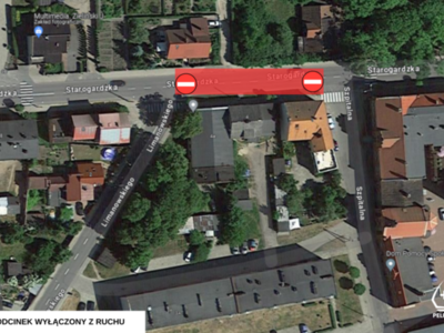 mapa przedstawiająca zamknięty odcinek drogi 