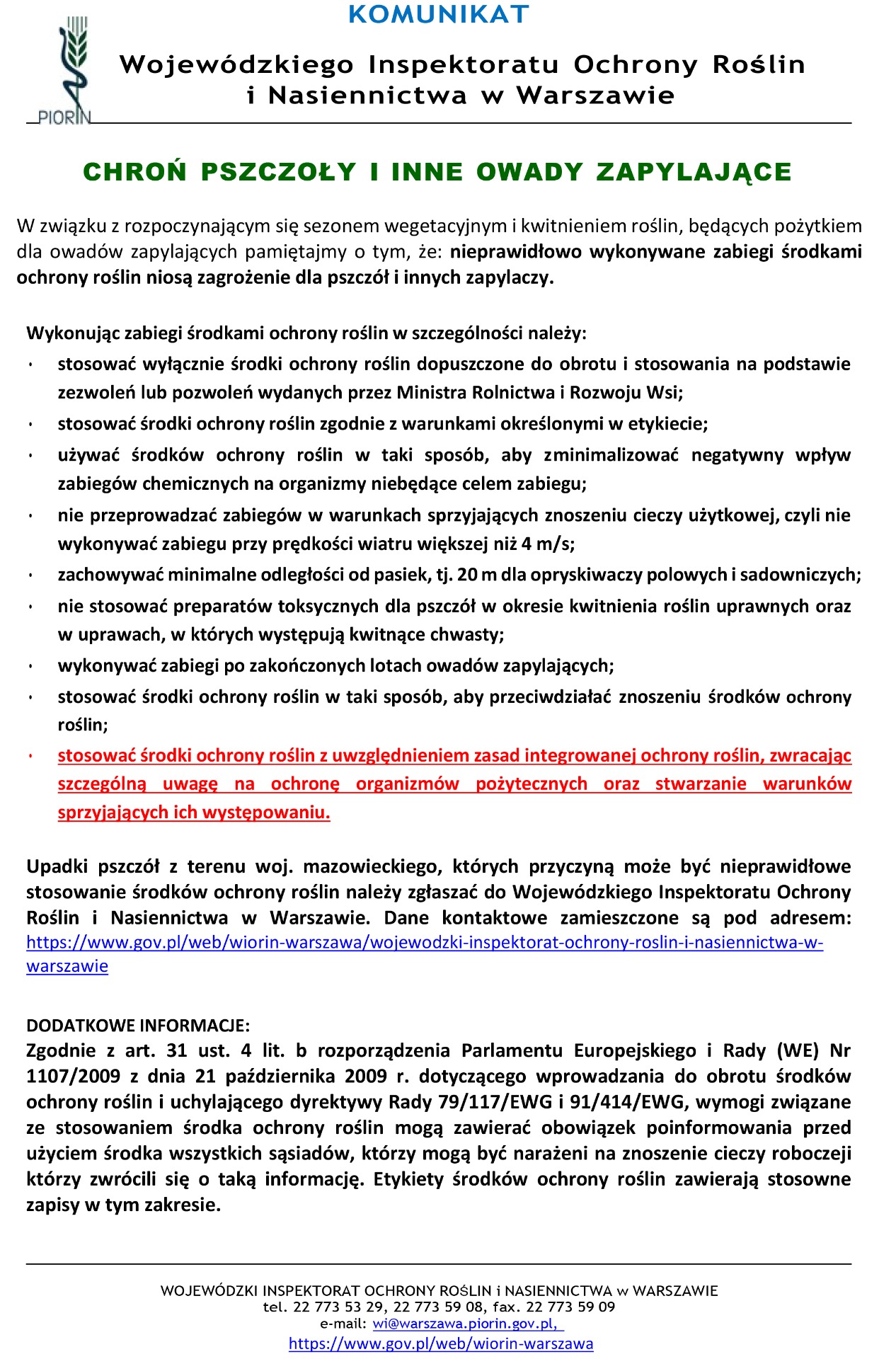 Komunikat dot. ochrony pszczół