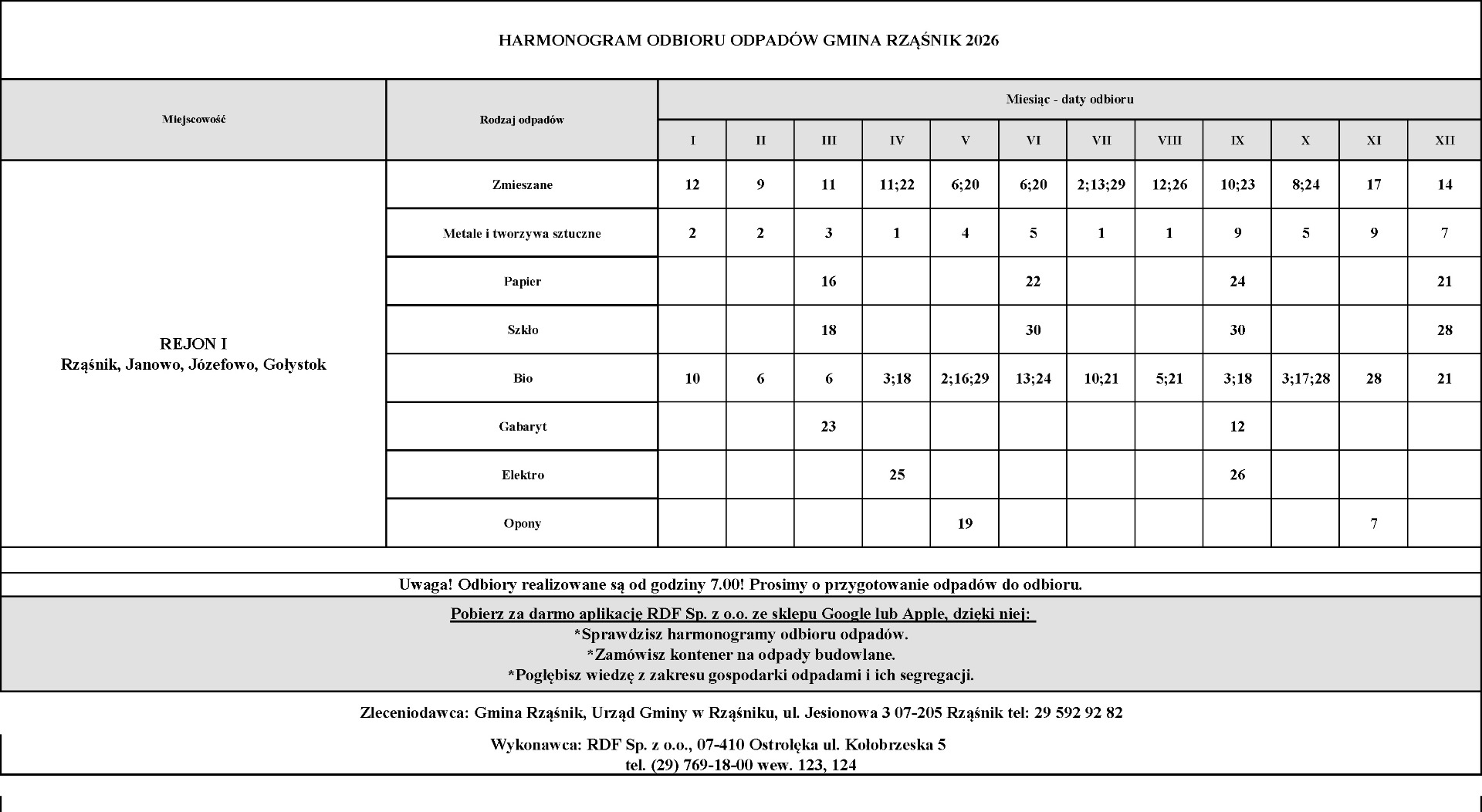 Harmonogram odbioru odpadów na rok 2026