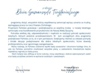 Okolicznościowy list z okazji Dnia Samorządu Terytorialnego.