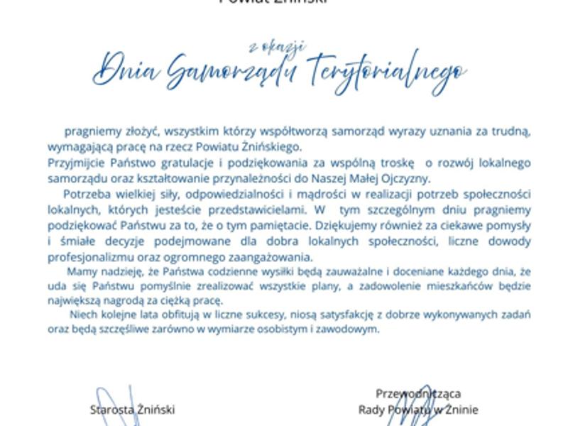 Okolicznościowy list z okazji Dnia Samorządu Terytorialnego.