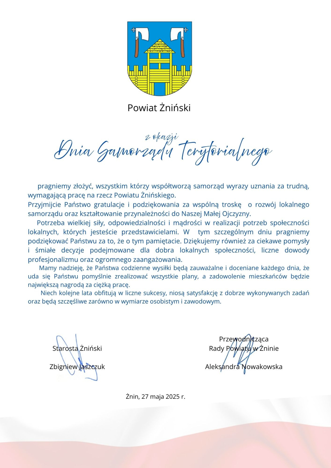 Okolicznościowy list z okazji Dnia Samorządu Terytorialnego.