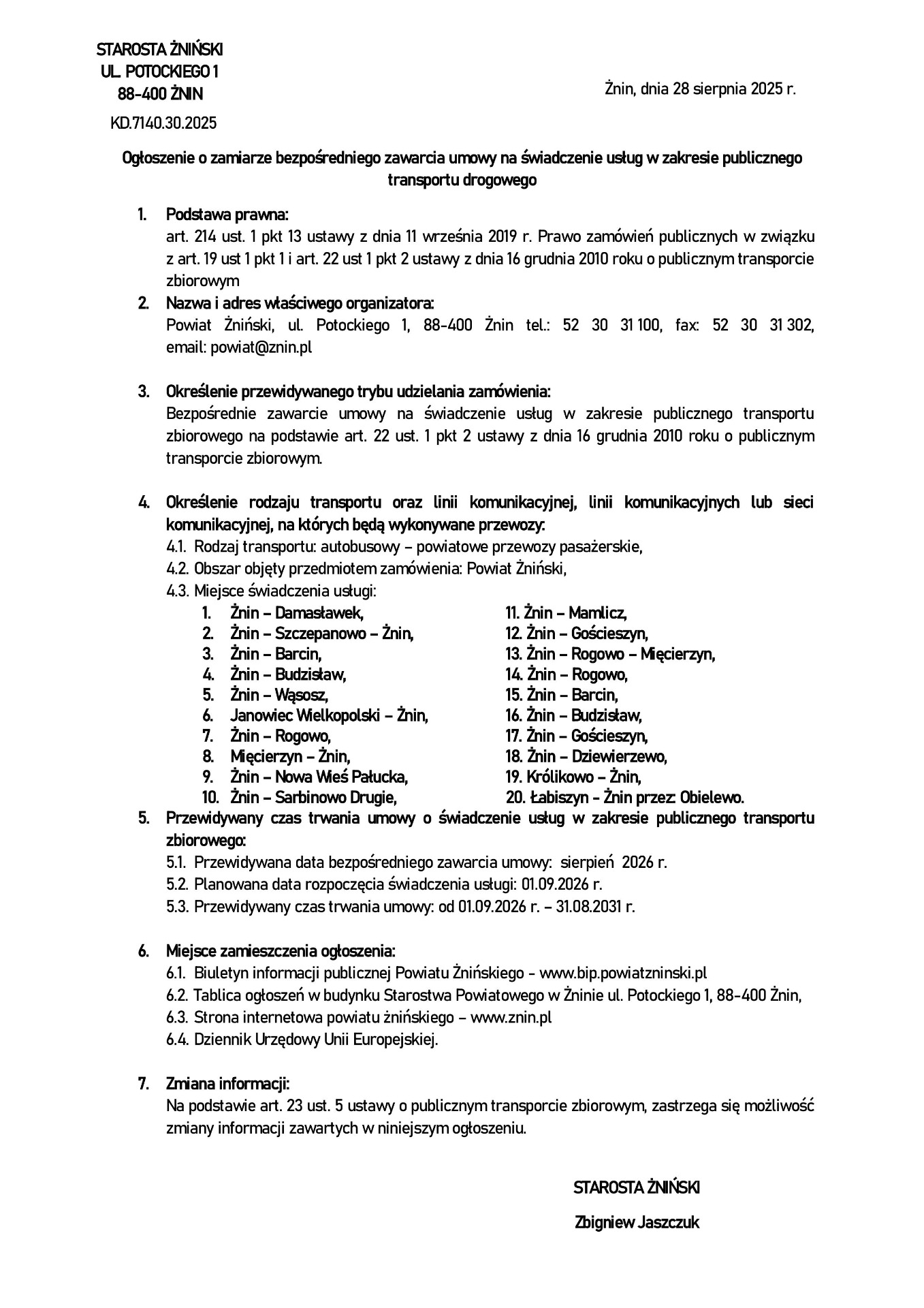 Ogłoszenie o zamiarze bezpośredniego zawarcia umowy na świadczenie usług w zakresie publicznego transportu zbiorowego 2025