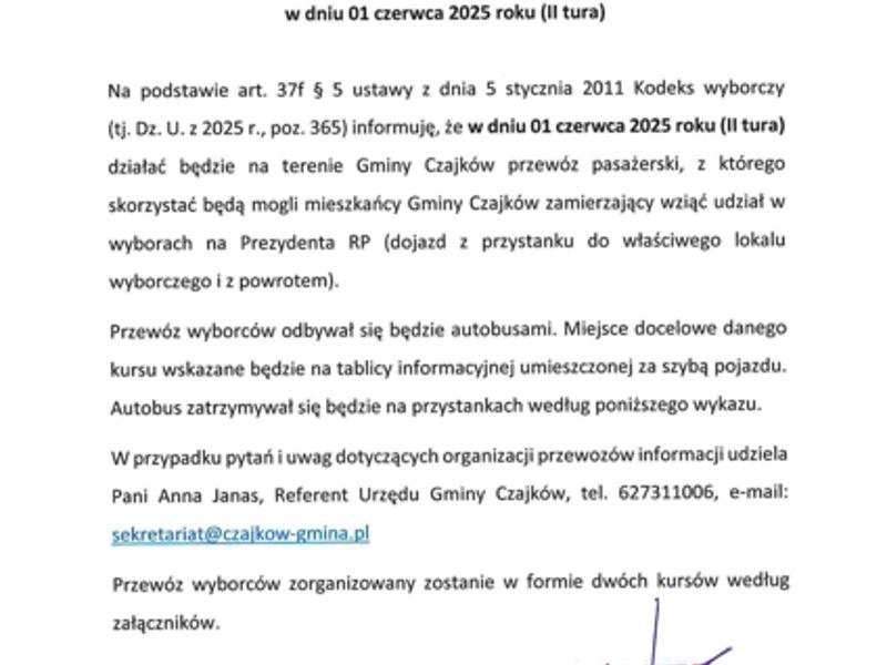 Informacja Wójta Gminy Czajków z dnia 23.05.2025 roku o organizacji gminnego przewozu pasażerskiego dla wyborców zamierzających oddać swój głos w Wyborach Prezydenta RP w dniu 01 czerwca 2025 roku (II tura)