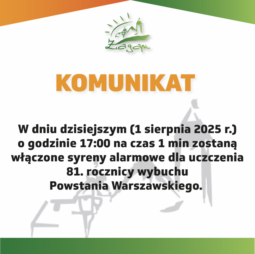 Zdjęcie przedstawia komunikat o planowanym włączeniu syren o godzinie 17;00 w dniu 1 Sierpnia 