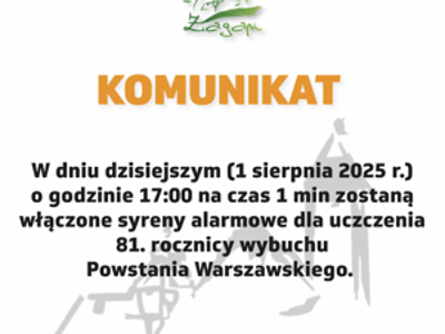 Zdjęcie przedstawia komunikat o planowanym włączeniu syren o godzinie 17;00 w dniu 1 Sierpnia