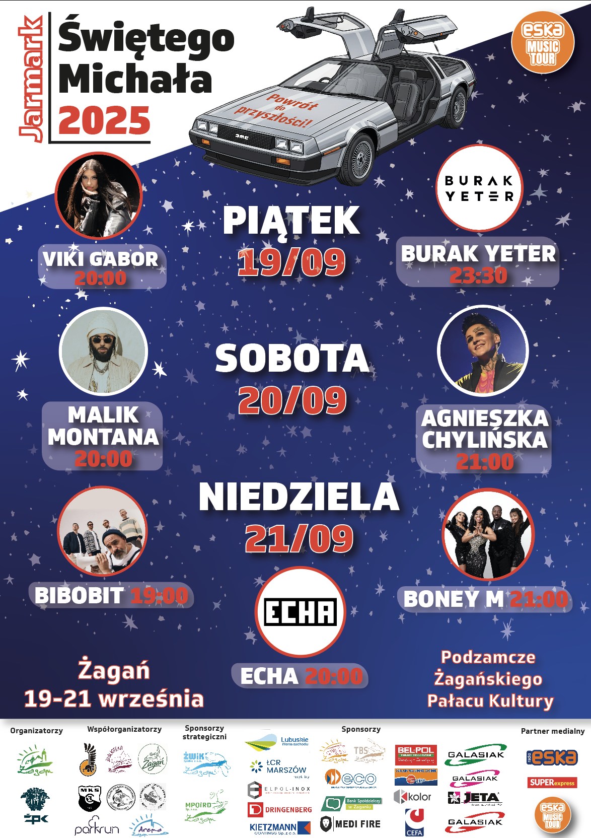 Plakat promujący Jarmark św. Michała, na którym znajdują się gwiazdy: Viki Gabor, Burak Yeter, Malik Montana, Agnieszka Chylińska, Bibobit, Echa, Boney M