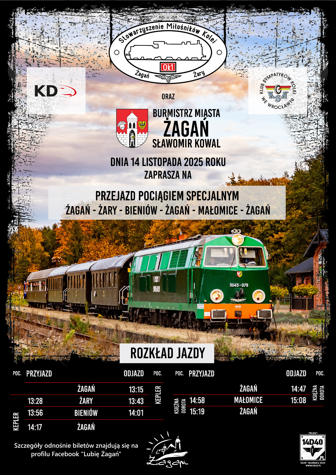 Plakat promujący przyjazd pociągu specjalnego na żagański dworzec 14 listopada
