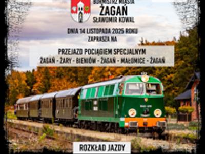 Plakat promujący przyjazd pociągu specjalnego na żagański dworzec 14 listopada